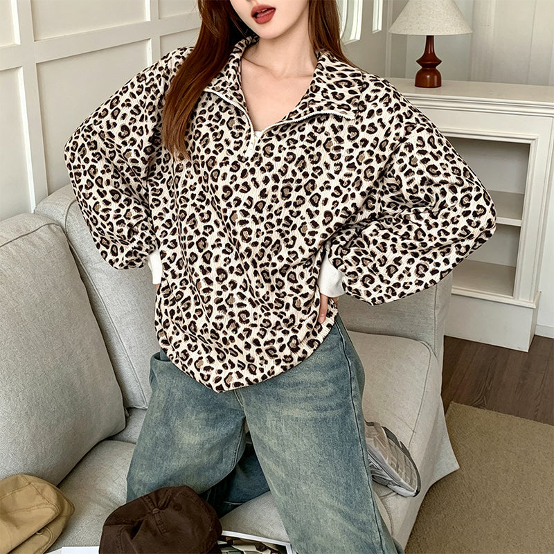 🎉The Lowest Price But The Best Quality!🔥Women's Leopard Print Quarter-Zip Sweatshirt
