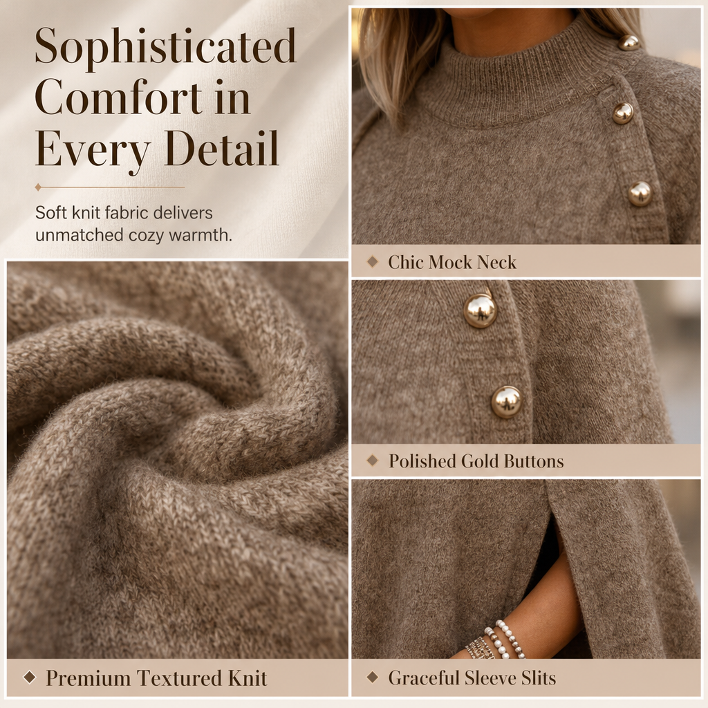 Women's Buttoned Knit Cape Poncho Sweater