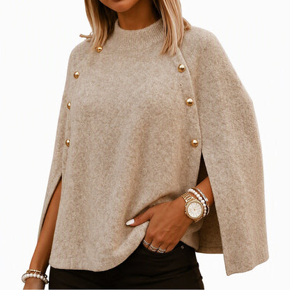 Women's Buttoned Knit Cape Poncho Sweater