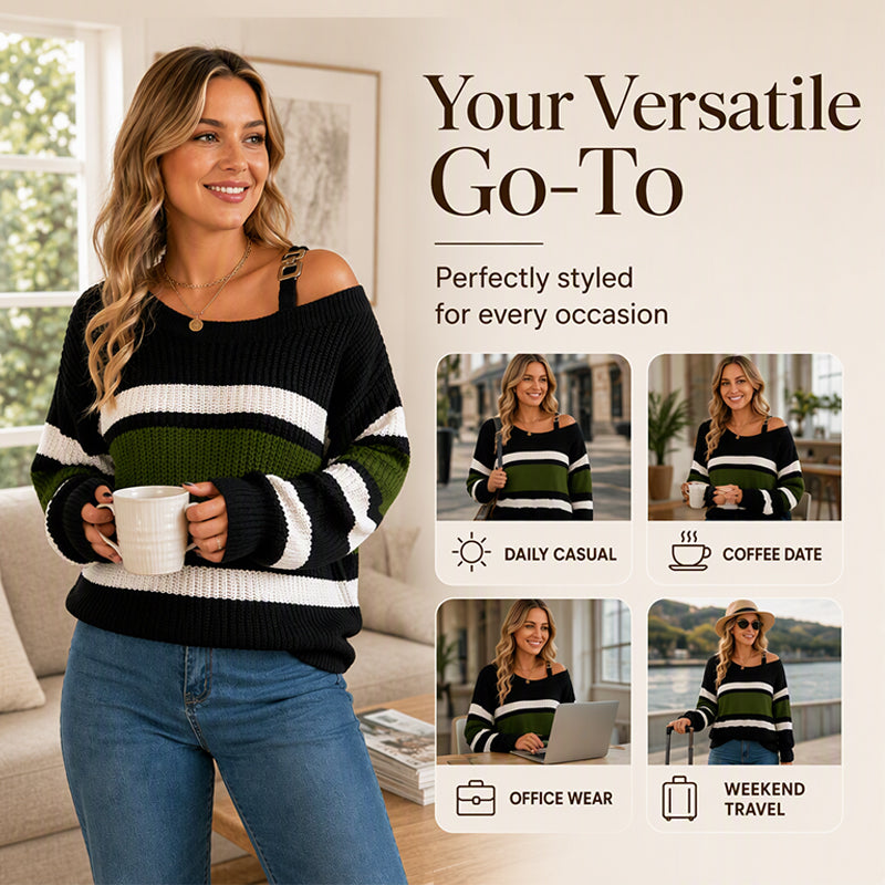 ⏰ Last Day of the Sale – 50% OFF ✨Women's Casual Off Shoulder Striped Sweater
