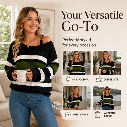 ⏰ Last Day of the Sale – 50% OFF ✨Women's Casual Off Shoulder Striped Sweater