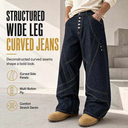 Men's American Vintage Curved Leg Wide Leg Jeans Deconstructed Raw Denim Button Fly Pants