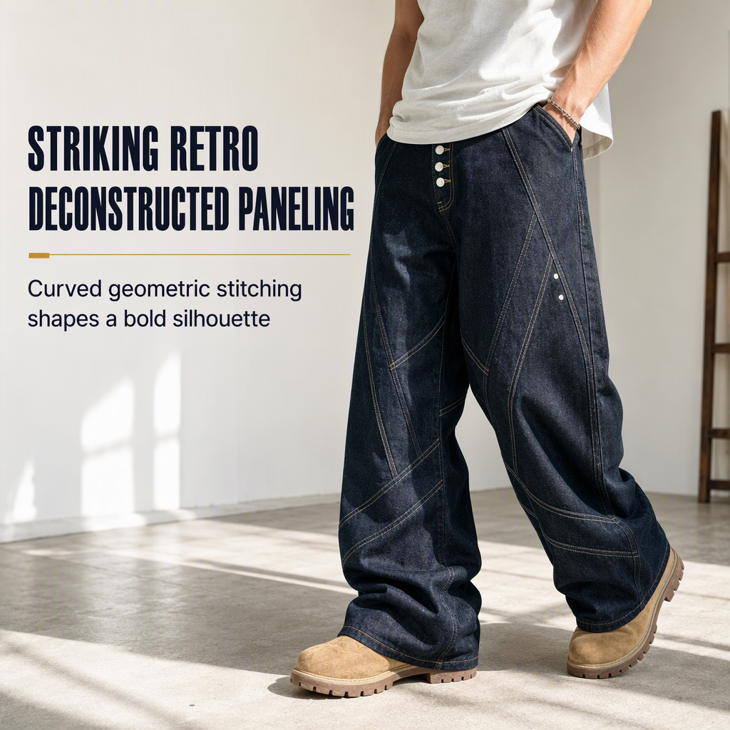 Men's American Vintage Curved Leg Wide Leg Jeans Deconstructed Raw Denim Button Fly Pants