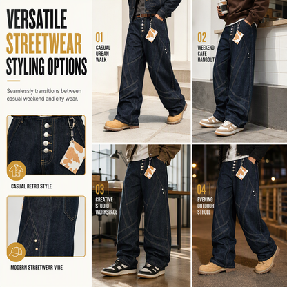 Men's American Vintage Curved Leg Wide Leg Jeans Deconstructed Raw Denim Button Fly Pants