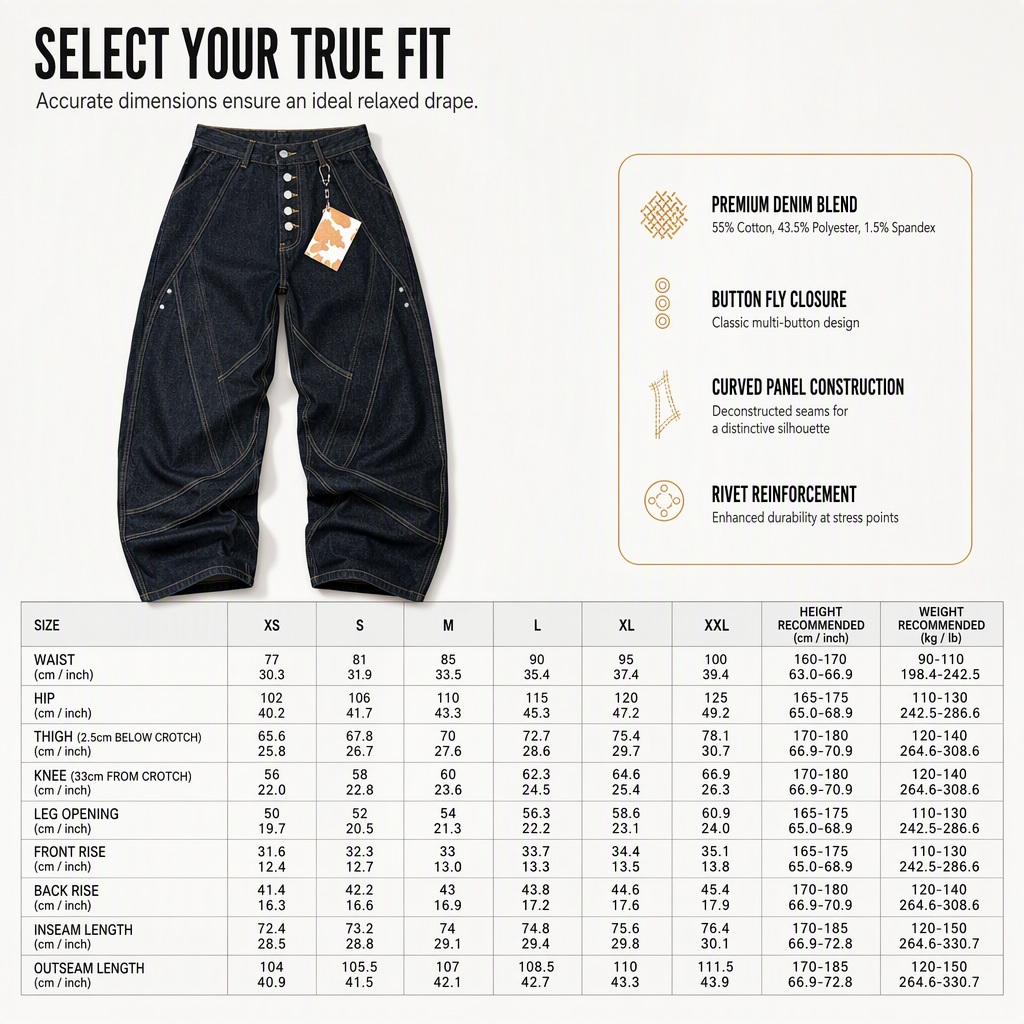 Men's American Vintage Curved Leg Wide Leg Jeans Deconstructed Raw Denim Button Fly Pants