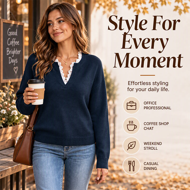 ⏰ Seasonal changeover sale: 50% off – quality at half the price! ✨Women's Mock Neck Lace Trim Knit Sweater