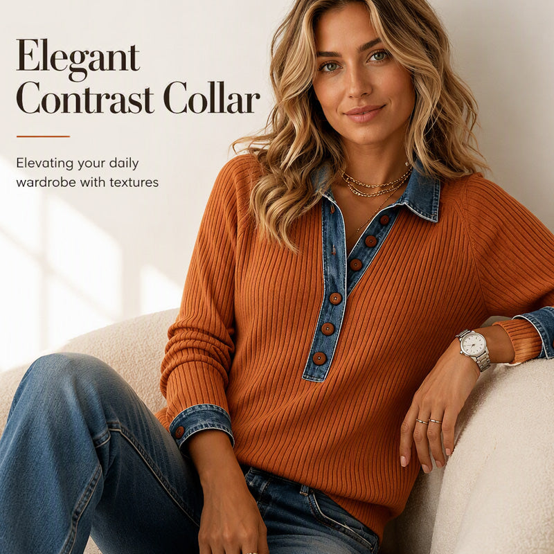 ⏰ Seasonal changeover sale: 50% off – quality at half the price! ✨Women's Denim Collar Long Sleeve Patchwork Knit Top