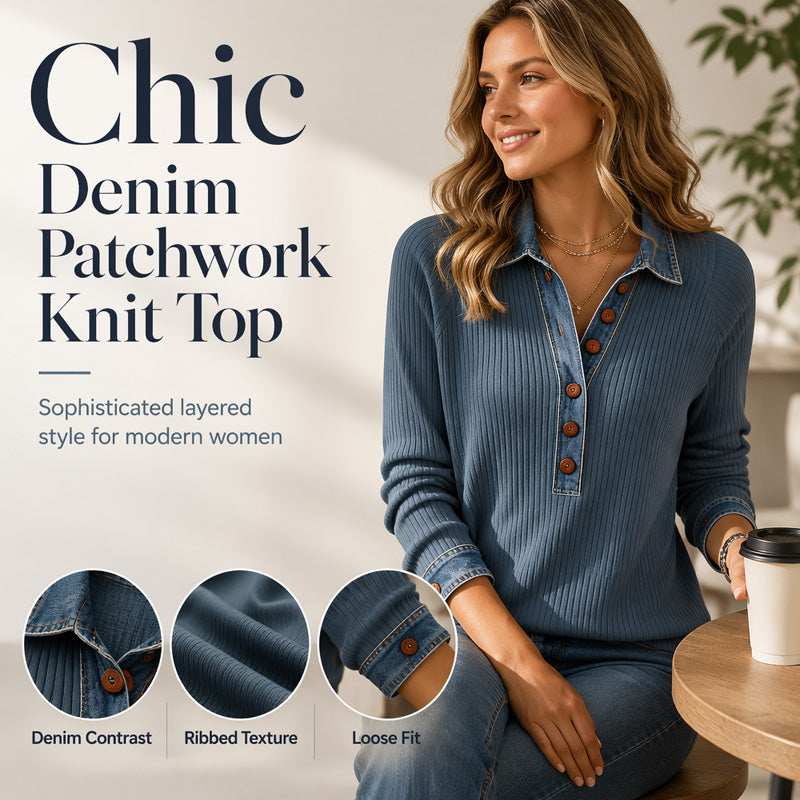 ⏰ Seasonal changeover sale: 50% off – quality at half the price! ✨Women's Denim Collar Long Sleeve Patchwork Knit Top