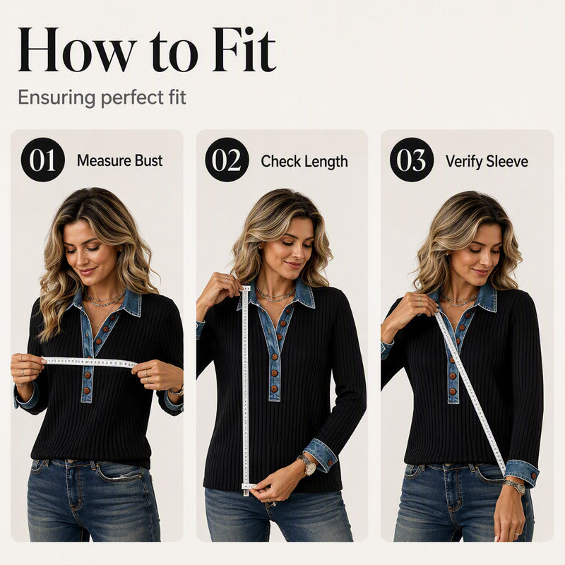 ⏰ Seasonal changeover sale: 50% off – quality at half the price! ✨Women's Denim Collar Long Sleeve Patchwork Knit Top