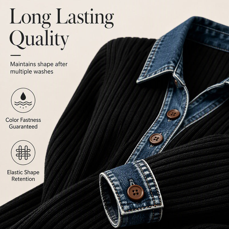 ⏰ Seasonal changeover sale: 50% off – quality at half the price! ✨Women's Denim Collar Long Sleeve Patchwork Knit Top