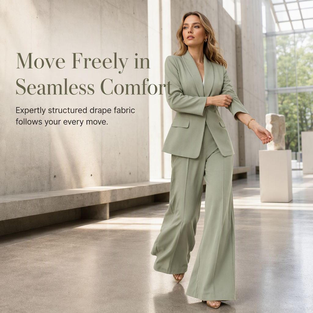 Elegant Two-Piece Suit Set with Tailored Blazer and Relaxed Wide-Leg Trousers