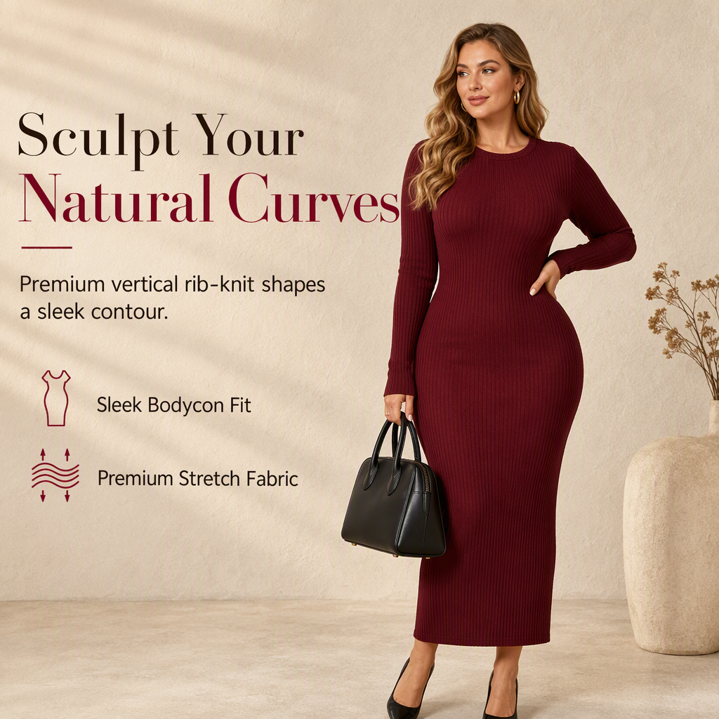 💖Black Friday Mega Deal – 50% off!💖🌹 Women's Long Sleeve Rib Knit Crewneck Bodycon Maxi Dress
