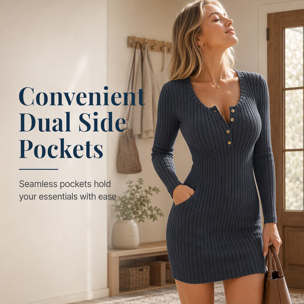 ⏰ Last Day of the Sale – 50% OFF ✨Womens Autumn Winter Solid Color Long Sleeve Slim Fit Bodycon Button Dress