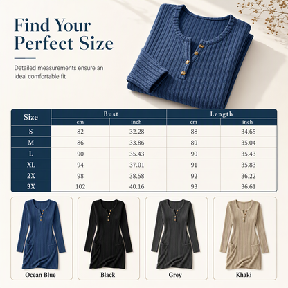 ⏰ Last Day of the Sale – 50% OFF ✨Womens Autumn Winter Solid Color Long Sleeve Slim Fit Bodycon Button Dress