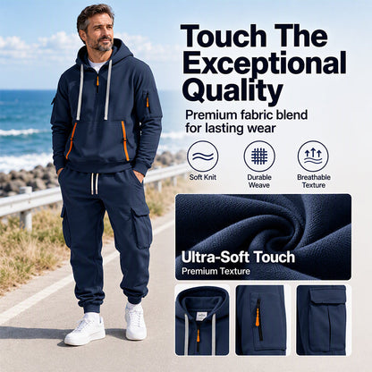 ✨Limited stock available, don’t miss out!🎉Men's Warm Half-Zip Hoodie & Cargo Pants Set