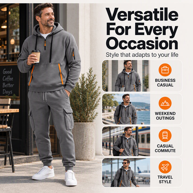 ✨Limited stock available, don’t miss out!🎉Men's Warm Half-Zip Hoodie & Cargo Pants Set