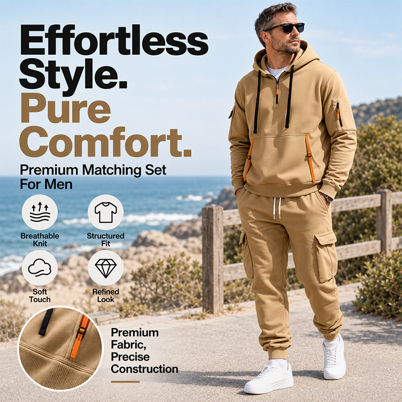✨Limited stock available, don’t miss out!🎉Men's Warm Half-Zip Hoodie & Cargo Pants Set