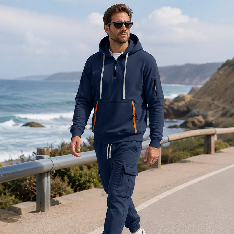 ✨Limited stock available, don’t miss out!🎉Men's Warm Half-Zip Hoodie & Cargo Pants Set