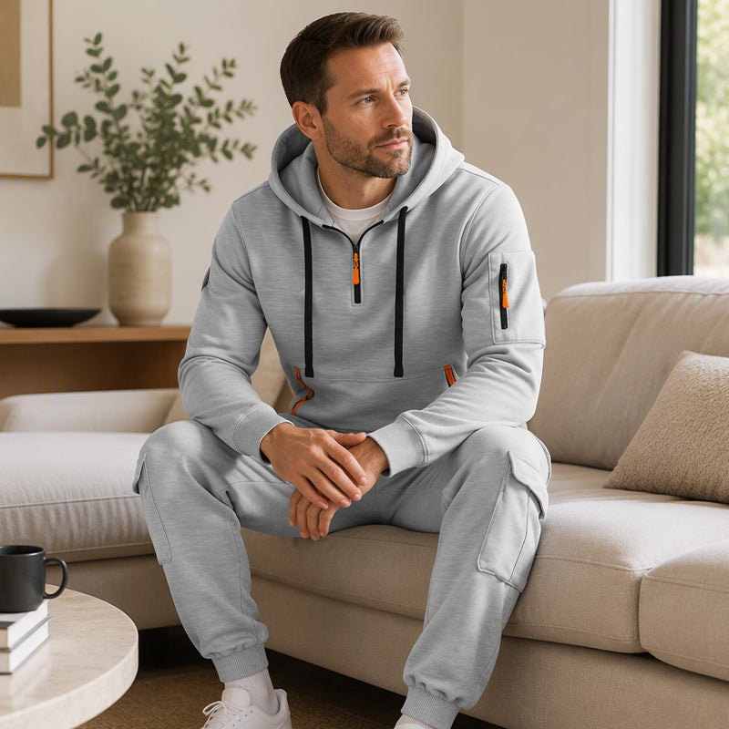 ✨Limited stock available, don’t miss out!🎉Men's Warm Half-Zip Hoodie & Cargo Pants Set