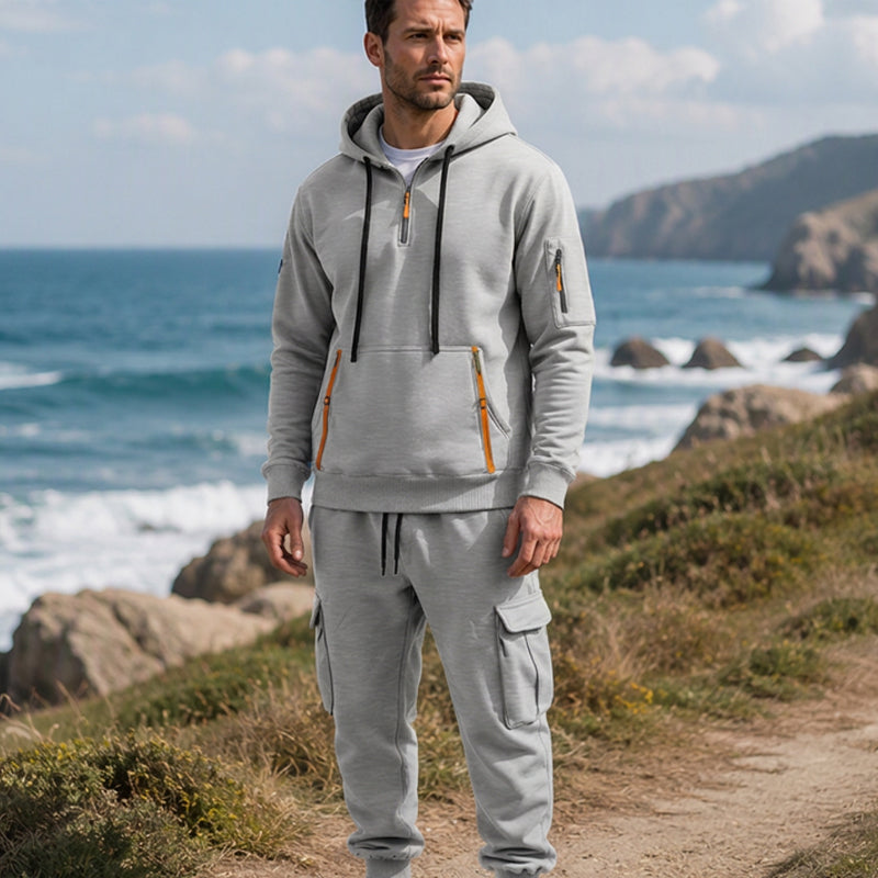 ✨Limited stock available, don’t miss out!🎉Men's Warm Half-Zip Hoodie & Cargo Pants Set