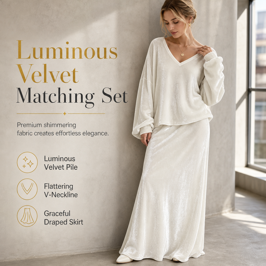 ✨Limited stock available, don’t miss out!🎉Women's Solid Color Velvet Two Piece Set with Deep V Neck Loose Sweatshirt and Flared Maxi Skirt