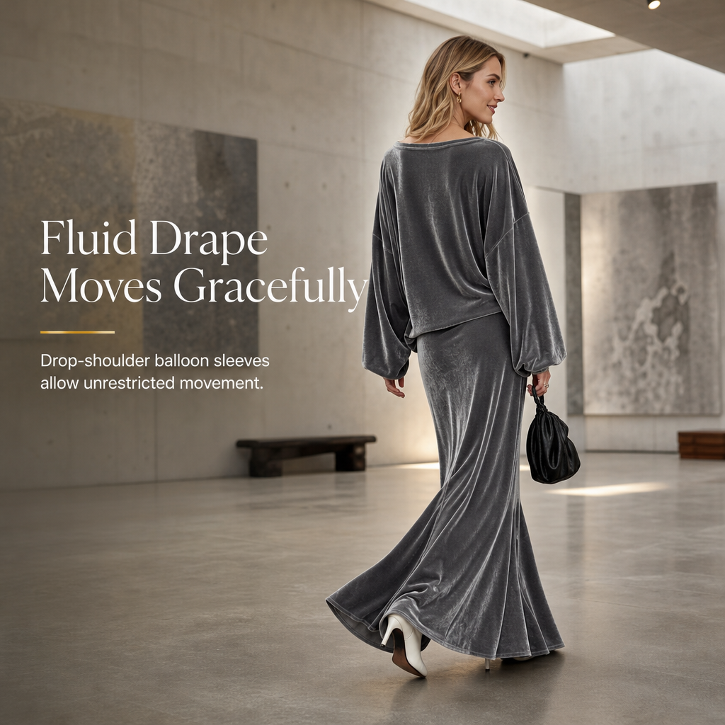 ✨Limited stock available, don’t miss out!🎉Women's Solid Color Velvet Two Piece Set with Deep V Neck Loose Sweatshirt and Flared Maxi Skirt