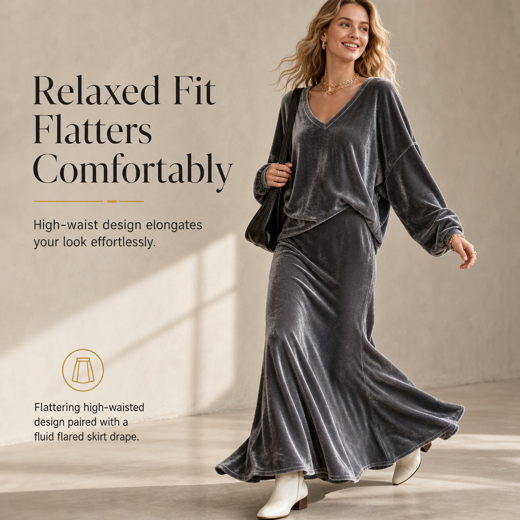 ✨Limited stock available, don’t miss out!🎉Women's Solid Color Velvet Two Piece Set with Deep V Neck Loose Sweatshirt and Flared Maxi Skirt