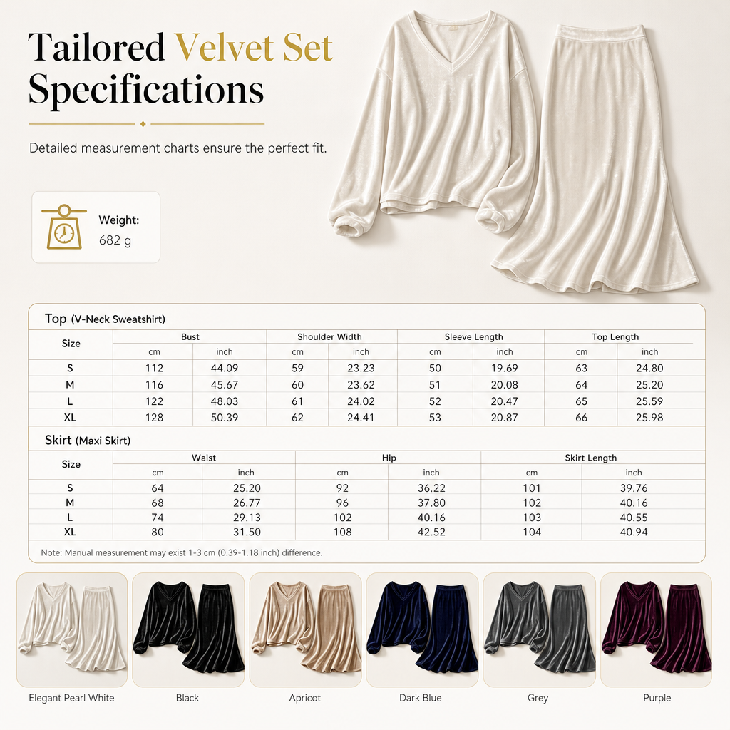 ✨Limited stock available, don’t miss out!🎉Women's Solid Color Velvet Two Piece Set with Deep V Neck Loose Sweatshirt and Flared Maxi Skirt