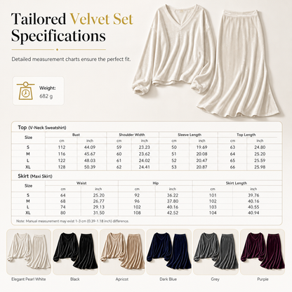 ✨Limited stock available, don’t miss out!🎉Women's Solid Color Velvet Two Piece Set with Deep V Neck Loose Sweatshirt and Flared Maxi Skirt