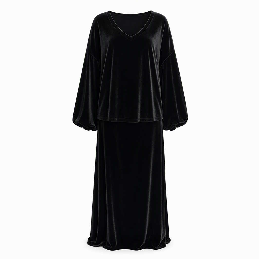 ✨Limited stock available, don’t miss out!🎉Women's Solid Color Velvet Two Piece Set with Deep V Neck Loose Sweatshirt and Flared Maxi Skirt