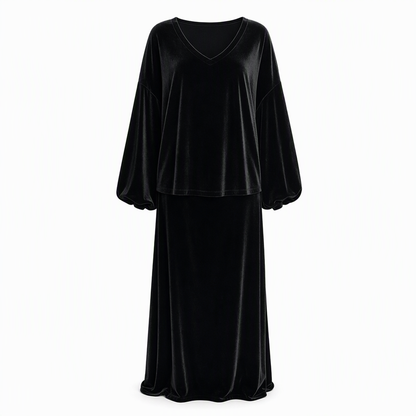 ✨Limited stock available, don’t miss out!🎉Women's Solid Color Velvet Two Piece Set with Deep V Neck Loose Sweatshirt and Flared Maxi Skirt