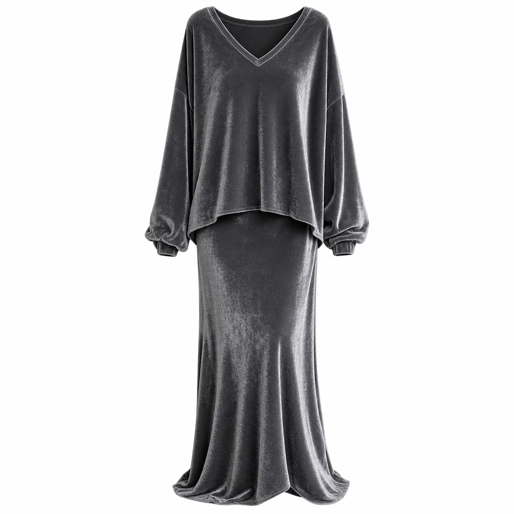 ✨Limited stock available, don’t miss out!🎉Women's Solid Color Velvet Two Piece Set with Deep V Neck Loose Sweatshirt and Flared Maxi Skirt