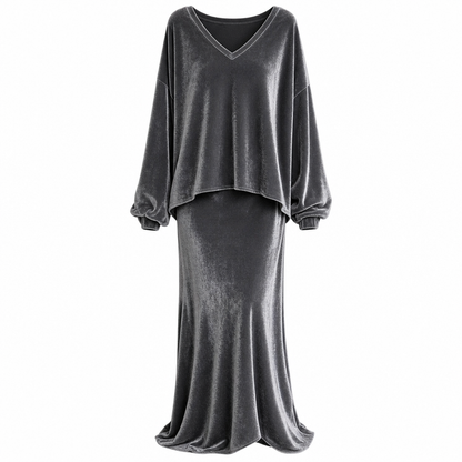 ✨Limited stock available, don’t miss out!🎉Women's Solid Color Velvet Two Piece Set with Deep V Neck Loose Sweatshirt and Flared Maxi Skirt