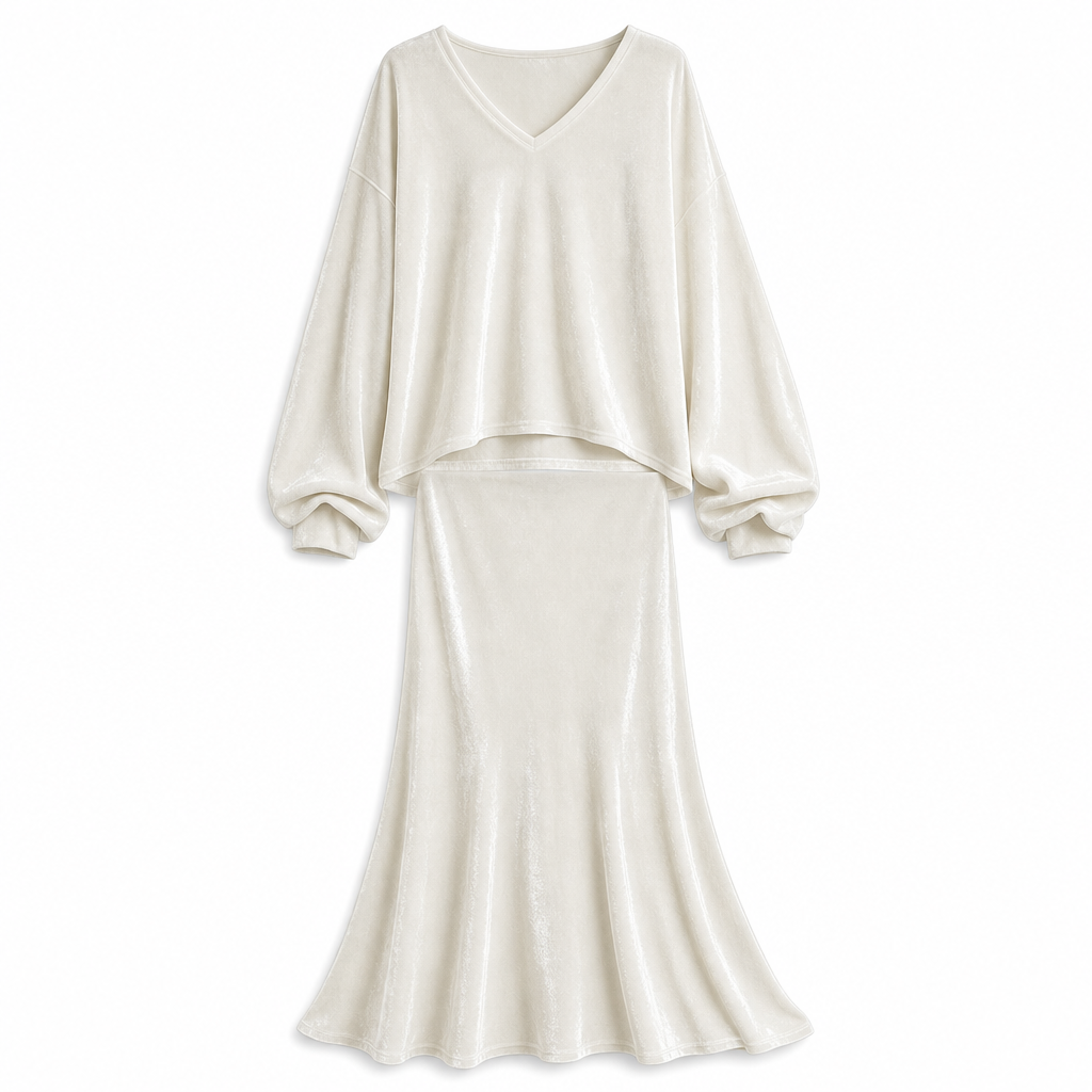 ✨Limited stock available, don’t miss out!🎉Women's Solid Color Velvet Two Piece Set with Deep V Neck Loose Sweatshirt and Flared Maxi Skirt