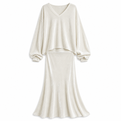 ✨Limited stock available, don’t miss out!🎉Women's Solid Color Velvet Two Piece Set with Deep V Neck Loose Sweatshirt and Flared Maxi Skirt