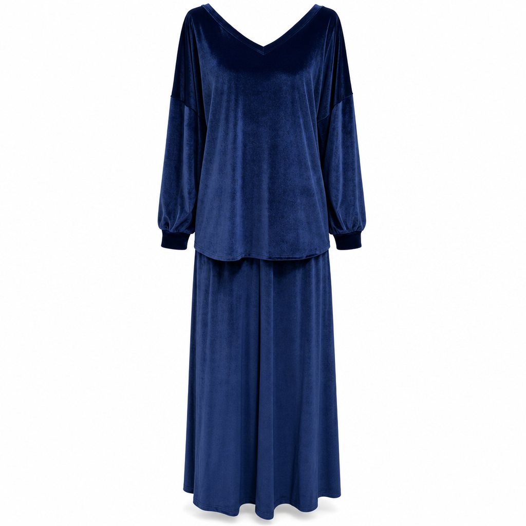 ✨Limited stock available, don’t miss out!🎉Women's Solid Color Velvet Two Piece Set with Deep V Neck Loose Sweatshirt and Flared Maxi Skirt