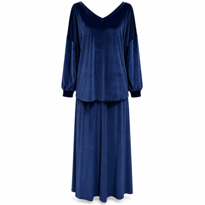 ✨Limited stock available, don’t miss out!🎉Women's Solid Color Velvet Two Piece Set with Deep V Neck Loose Sweatshirt and Flared Maxi Skirt