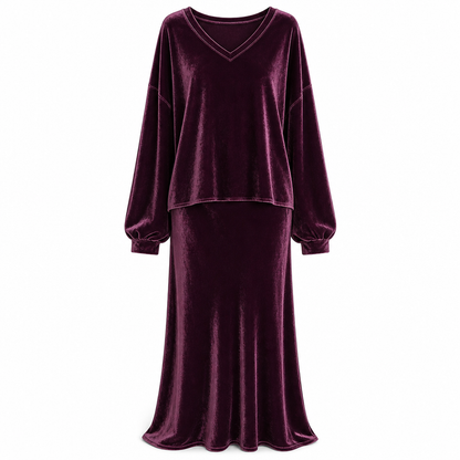 ✨Limited stock available, don’t miss out!🎉Women's Solid Color Velvet Two Piece Set with Deep V Neck Loose Sweatshirt and Flared Maxi Skirt