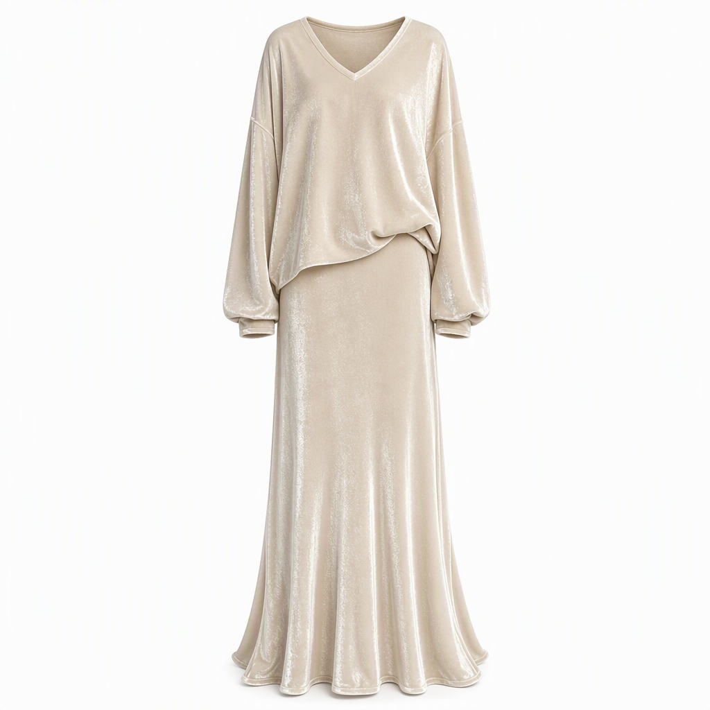 ✨Limited stock available, don’t miss out!🎉Women's Solid Color Velvet Two Piece Set with Deep V Neck Loose Sweatshirt and Flared Maxi Skirt