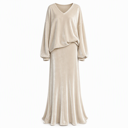 ✨Limited stock available, don’t miss out!🎉Women's Solid Color Velvet Two Piece Set with Deep V Neck Loose Sweatshirt and Flared Maxi Skirt