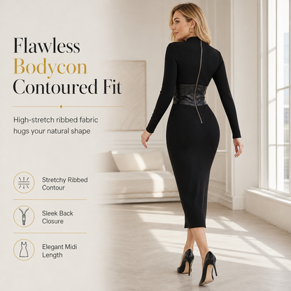 Women's Crew Neck Long Sleeve Patchwork Slim Fit Bodycon Pullover Dress