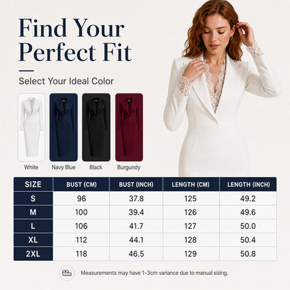 Women's Lapel Lace Spliced Long Sleeve Bodycon Dress