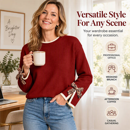 Women's Crewneck Sweater with Leopard Bow Cuffs