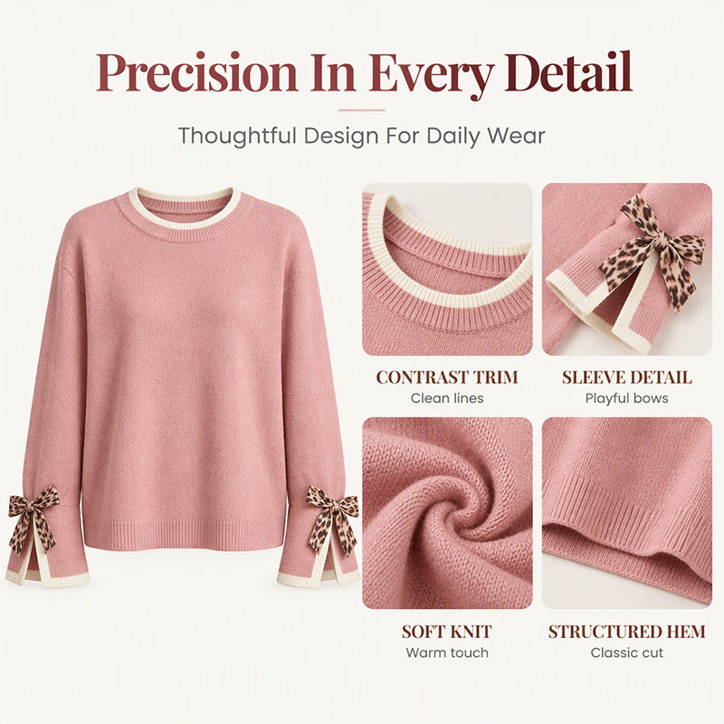 Women's Crewneck Sweater with Leopard Bow Cuffs