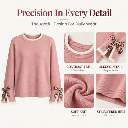 Women's Crewneck Sweater with Leopard Bow Cuffs