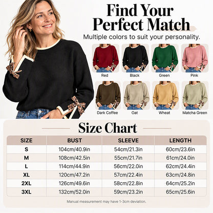 Women's Crewneck Sweater with Leopard Bow Cuffs