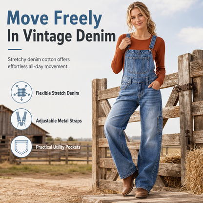 Women's Stretchy Denim Overalls Wide Leg Jumpsuit with Adjustable Straps