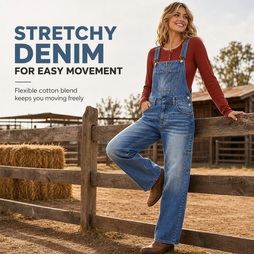 Women's Stretchy Denim Overalls Wide Leg Jumpsuit with Adjustable Straps