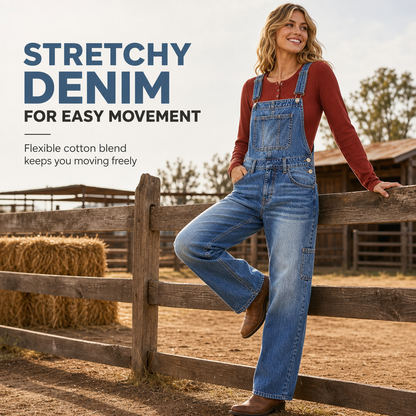 Women's Stretchy Denim Overalls Wide Leg Jumpsuit with Adjustable Straps