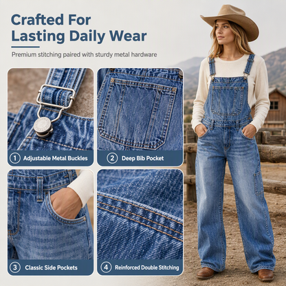 Women's Stretchy Denim Overalls Wide Leg Jumpsuit with Adjustable Straps